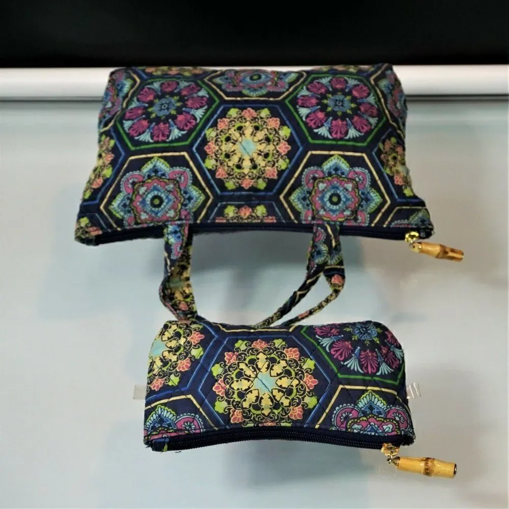 2 Cosmetic Makeup Bags Floral Quilted Medium And Small Faux Bamboo Zipper Pulls